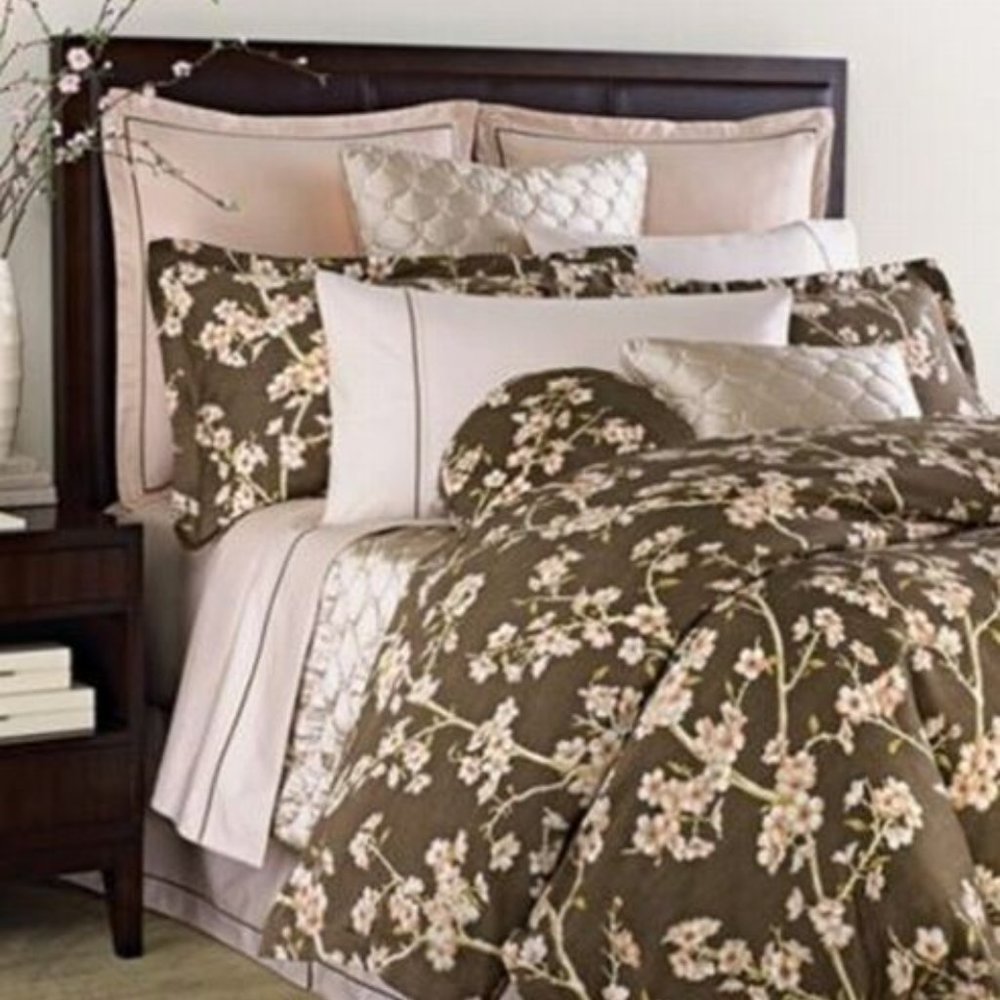 Barbara Barry In Bloom Queen Cotton Sateen Duvet 2 Shams brown cherry blossoms